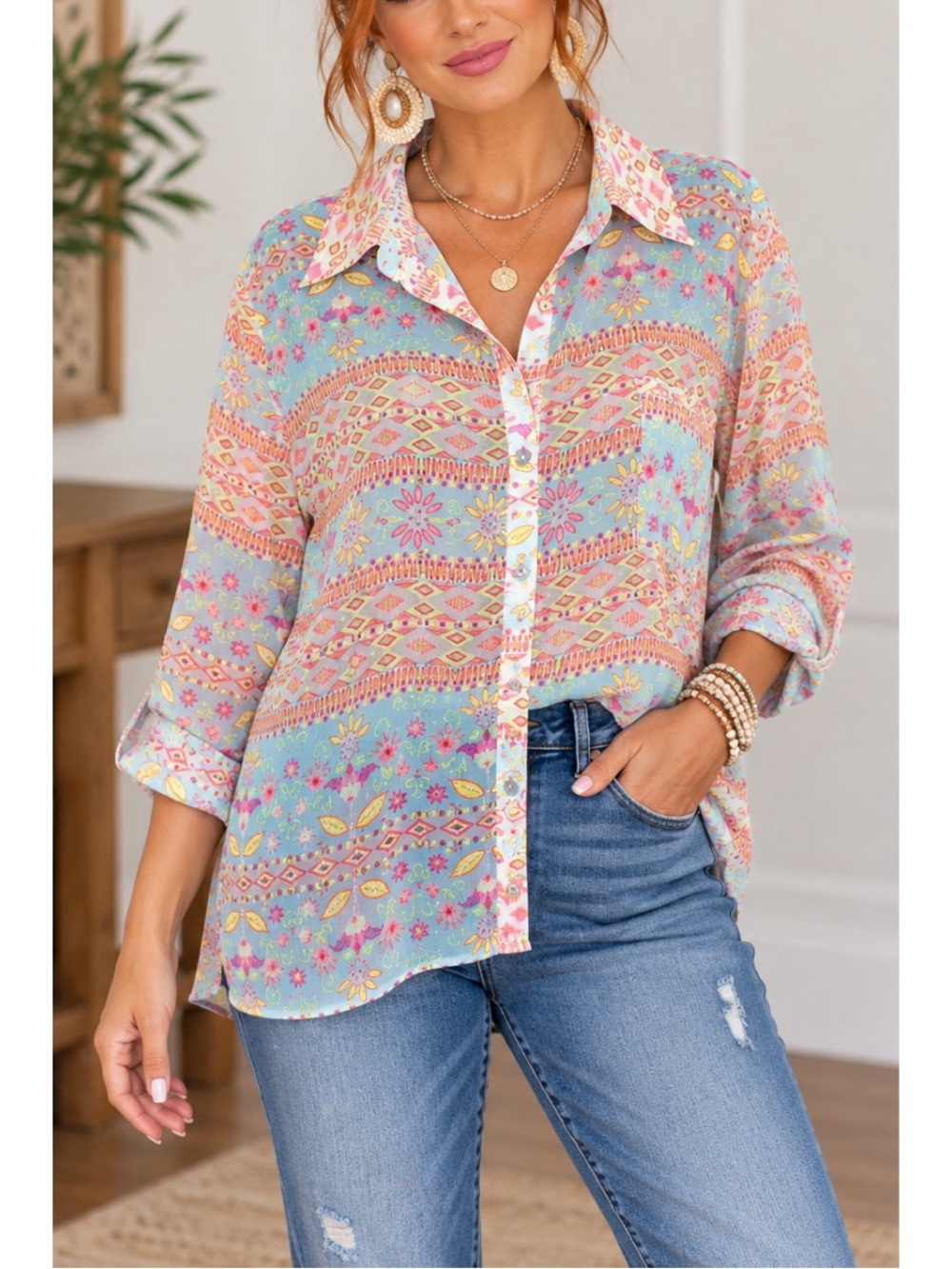 No Boundaries pastel blue button-front blouse, colorful floral print- XL